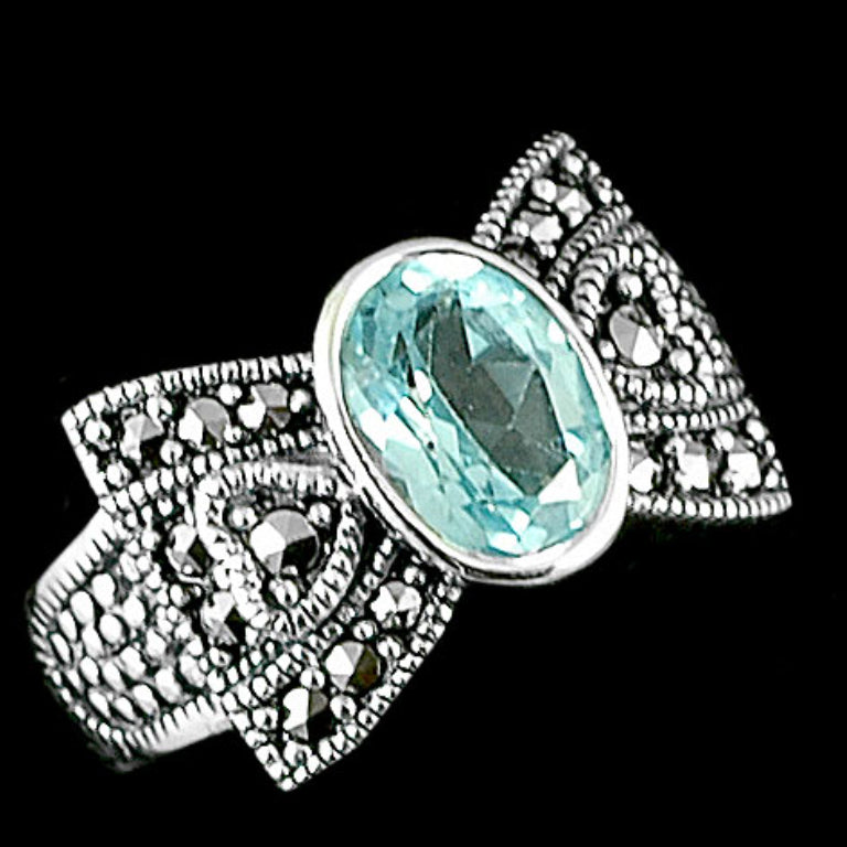 Gorgeous Shimmering Blue Topaz Marcasite Sterling Silver Bow Ring