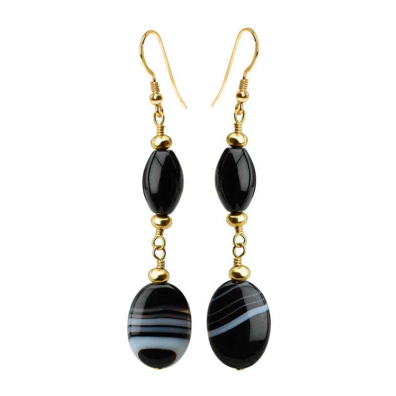 Natures Design of Natural "Banded Agate" Black Onyx Gold Filled Earrings
