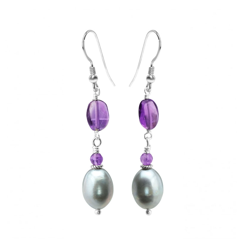 Dainty Amethyst and Glossy Gray Fresh Water Pearl Sterling Silver Earrings