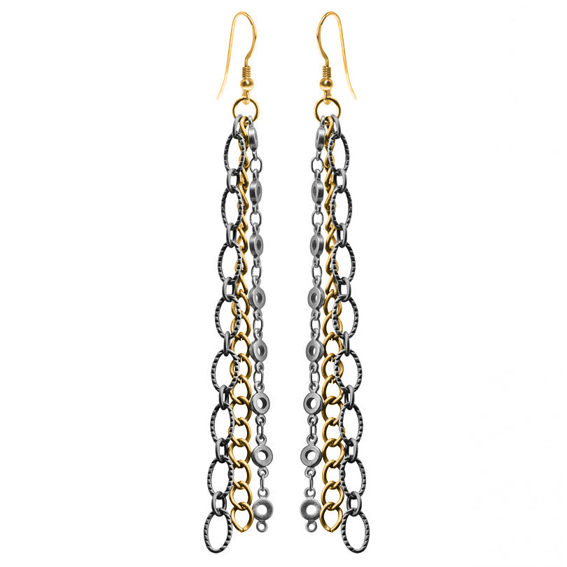 Lovely 3-Strand Black and Gold Plated Link Earrings