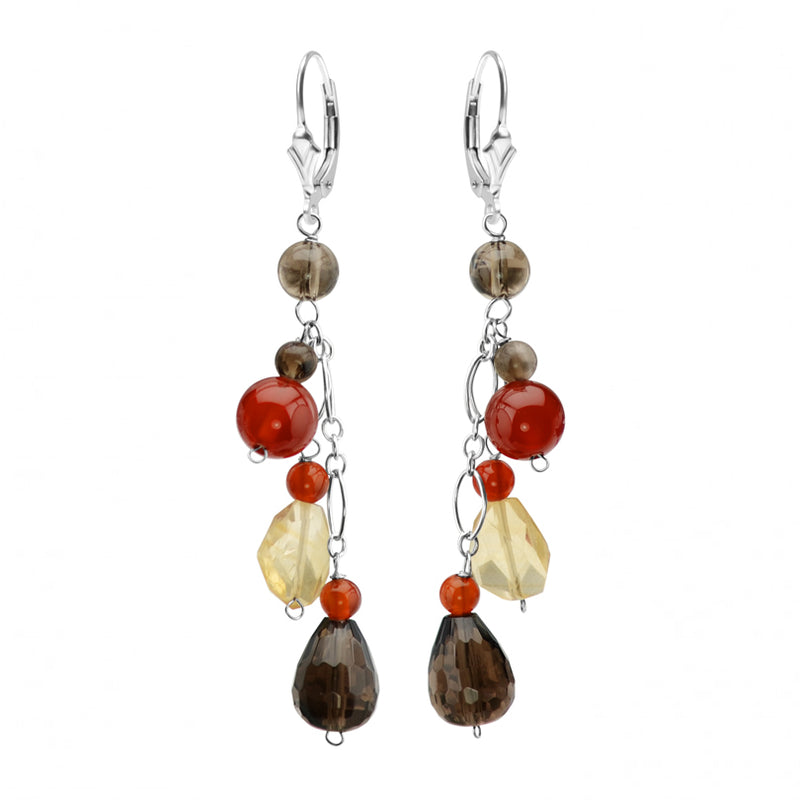 Glorious Blend of Colors! Smoky Quartz, Carnelian and Citrine Sterling Silver Earrings