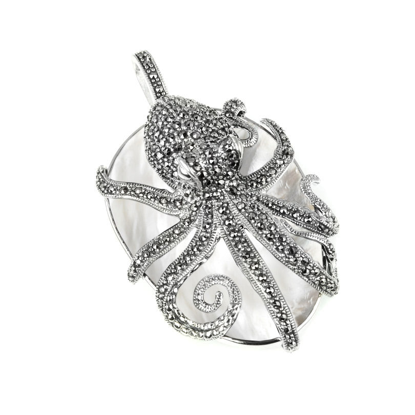 Magnificent Marcasite White Mother of Pearl  Sterling Silver Octopus Pendant