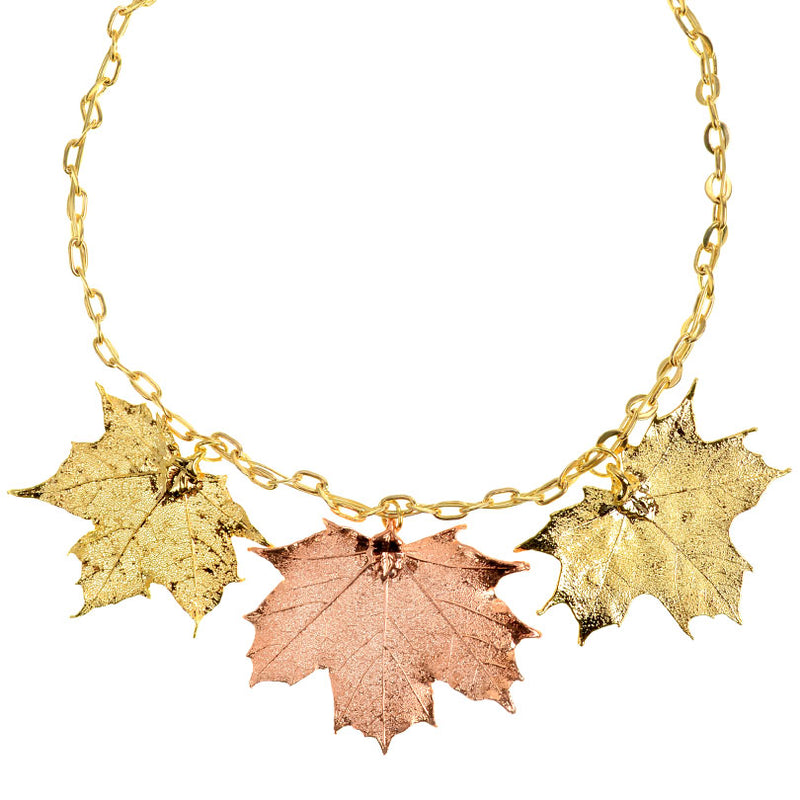 Ooh La La 24kt Gold Saturated Maple Leaves on 18kt Gold Plated Chain Statement Necklace