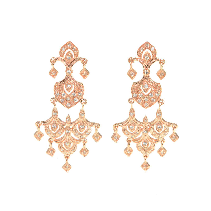 Elegant 14kt Rose Gold Plated Crystal 3-Tier Statement Earrings.