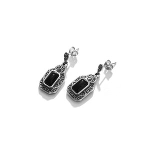 Elegant Black Onyx and Marcasite Petite Sterling Silver Earrings