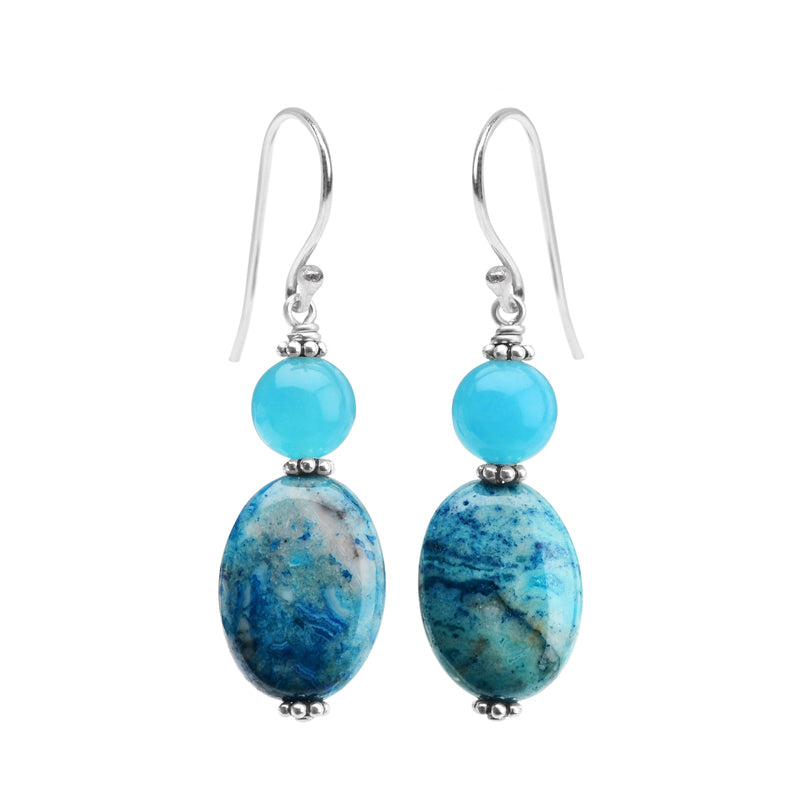 Gorgeous Blue Agate and Swirling Colors of Blue Jasper Sterling Silver Earrings