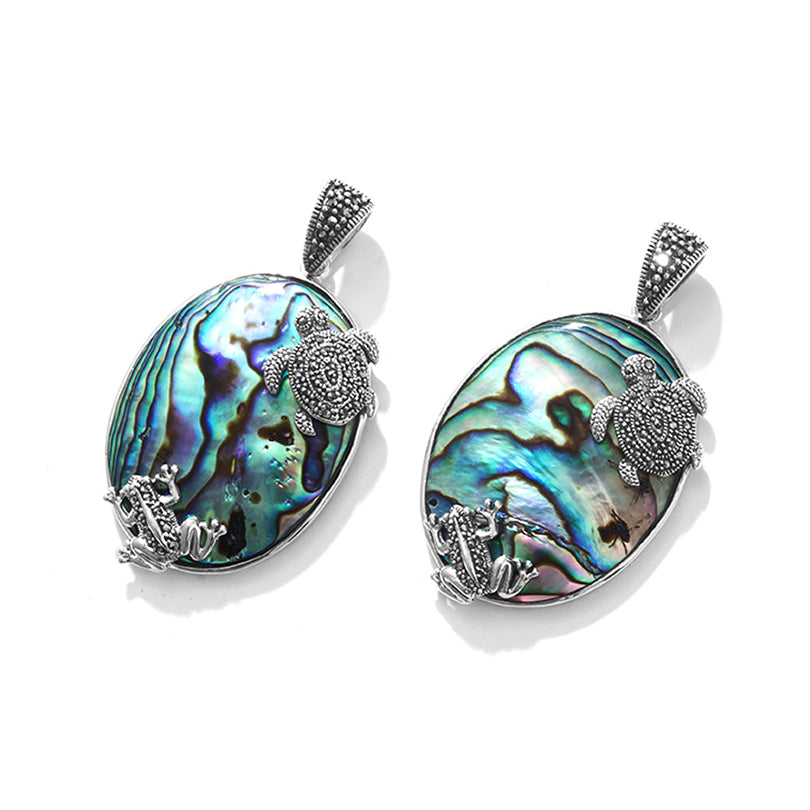Swimming Marcasite Frogs and Turtle Abalone Sterling Silver Statement Pendant