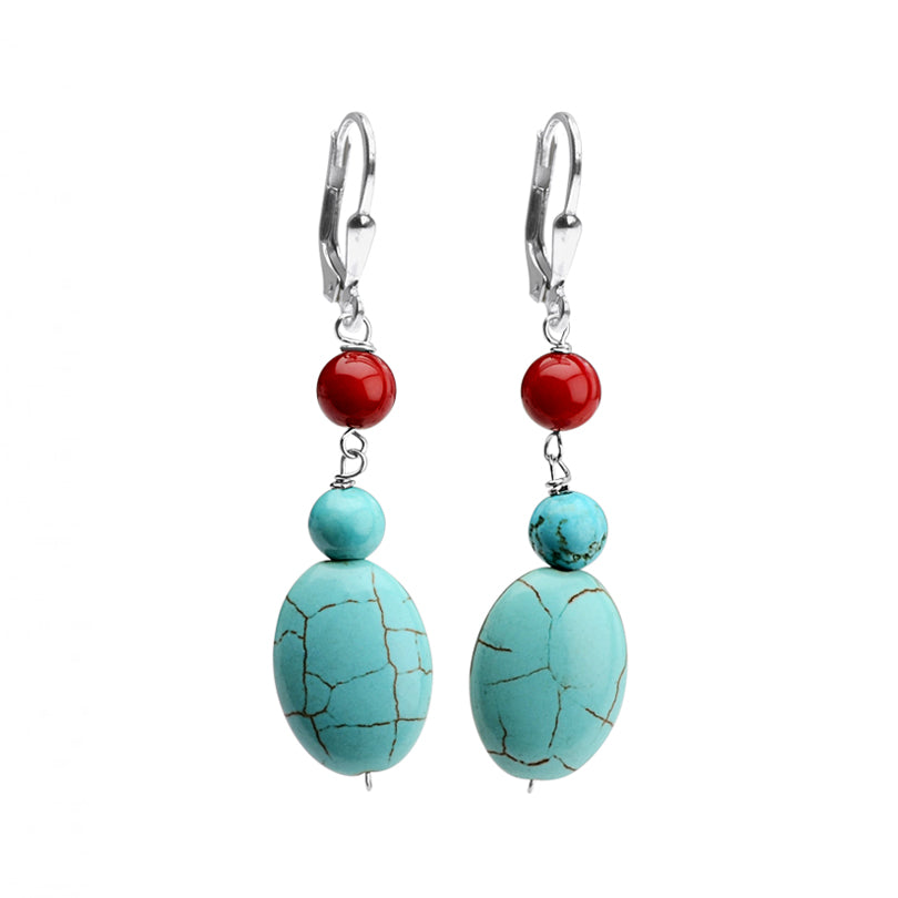 Gentle Blue Magnesite Turquoise and Coral Sterling Silver Earrings