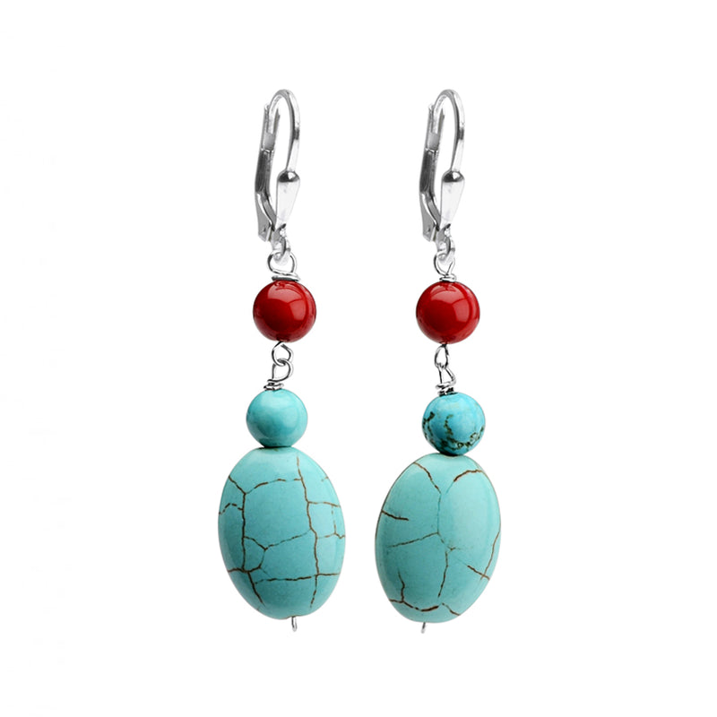 Gentle Blue Magnesite Turquoise and Coral Sterling Silver Earrings