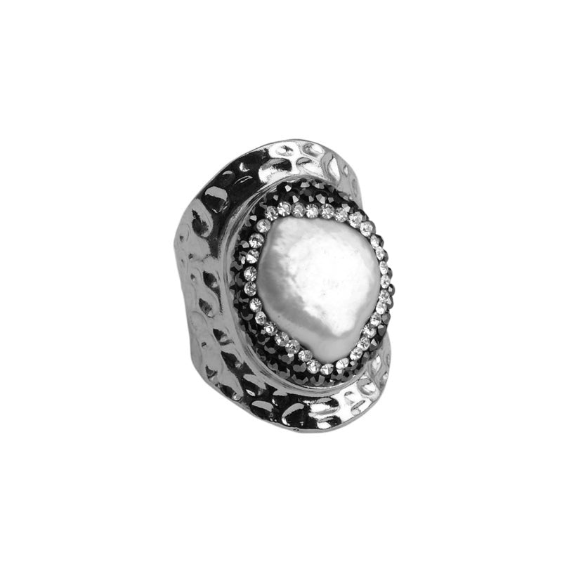 Hematite and Sparkle Crystal Encircled Fresh Water Pearl Silver Plated Ring