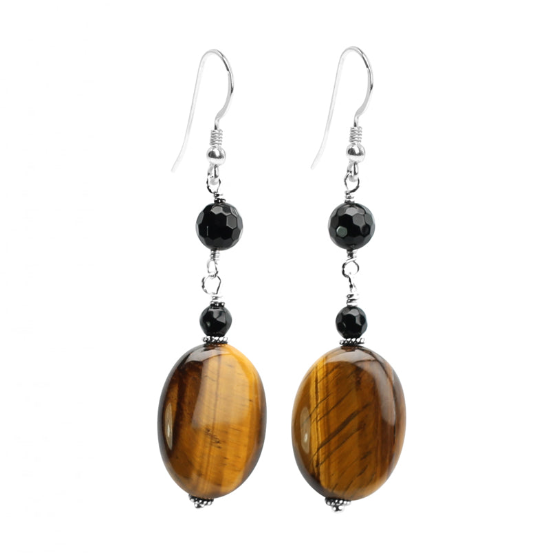 Shimmering Tiger's Eye and Black Onyx Sterling Silver Earrings