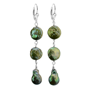 Luxurious Emerald Green Coin Pearl Sterling Silver Earrings