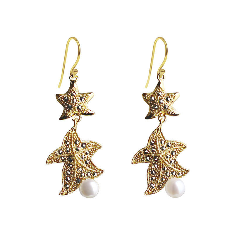 Marcasite 14kt Gold Plated Pearl Gorgeous Starfish Earrings