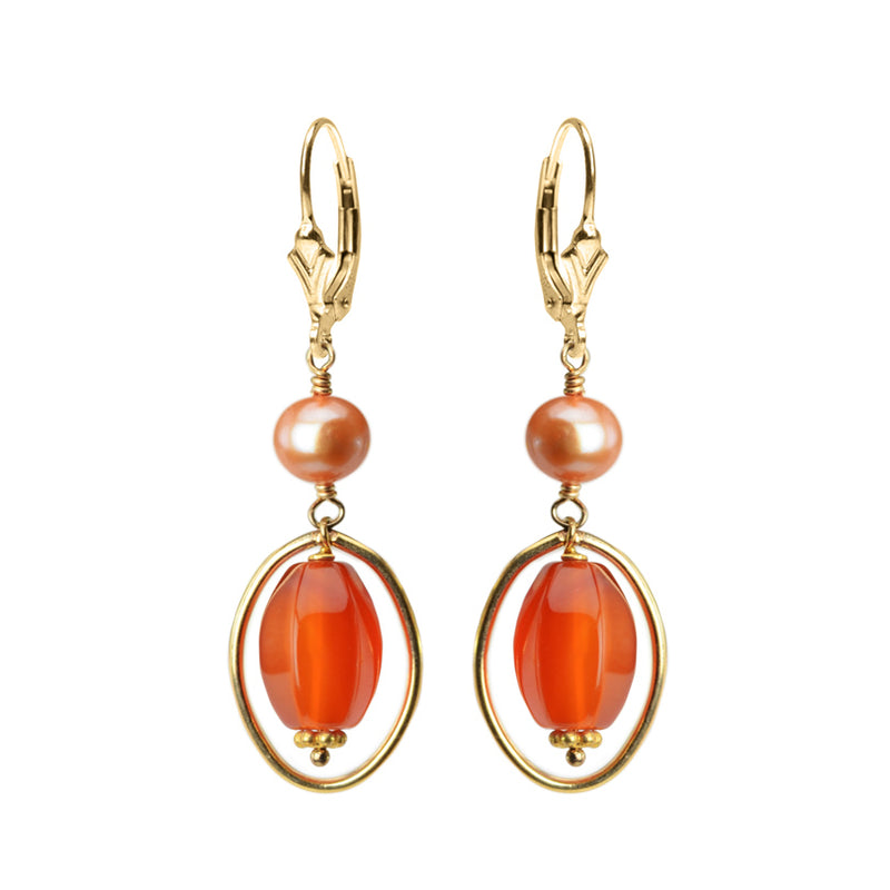 Bright Carnelian and Fresh Water Pearl Gold Filled Earrings