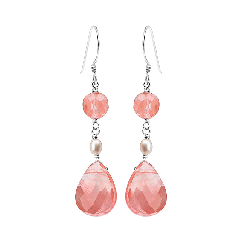 Cherry Quartz and Fresh Water Pearl Sterling Silver Earrings