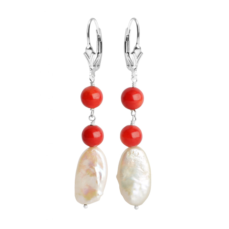 Brilliant Bamboo Coral (dyed) and Fresh Water Pearl Sterling Silver Earrings