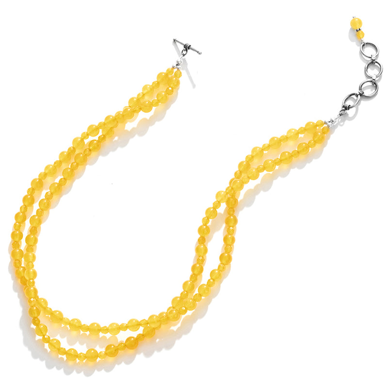 Sunshine Yellow Agate Sterling Silver Double Strand Beaded Necklace
