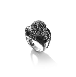 Stunning Black Onyx & Marcasite Sterling Statement Silver Ring