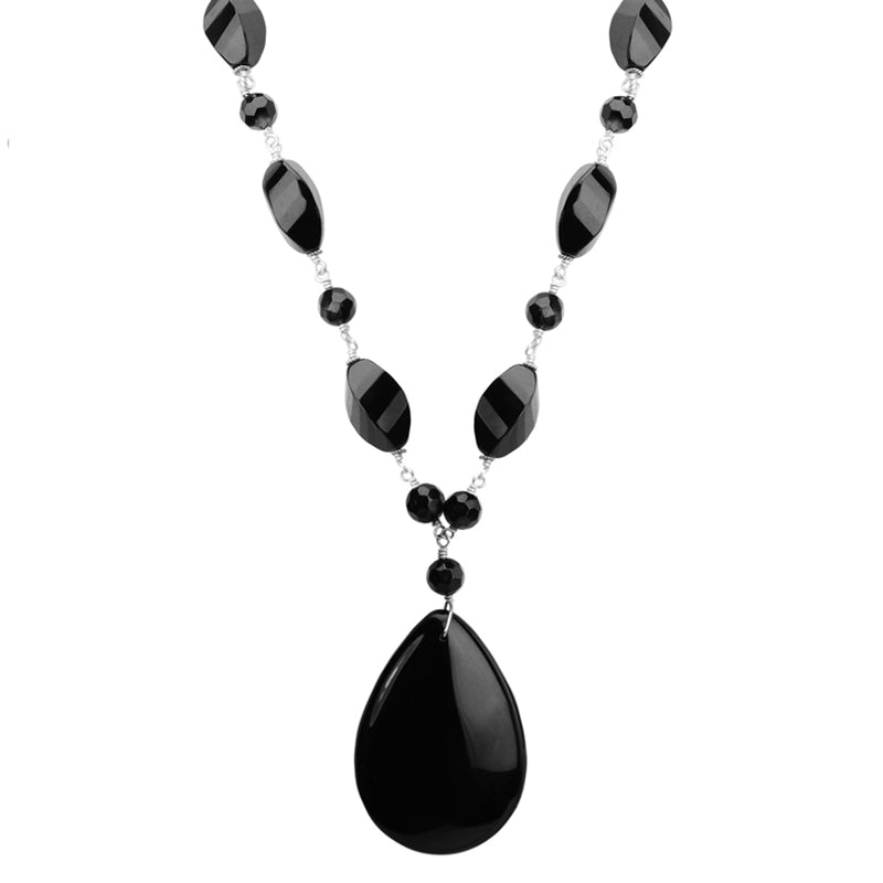 Stunning Faceted Wave Cut Black Onyx Sterling Silver Statement Necklace