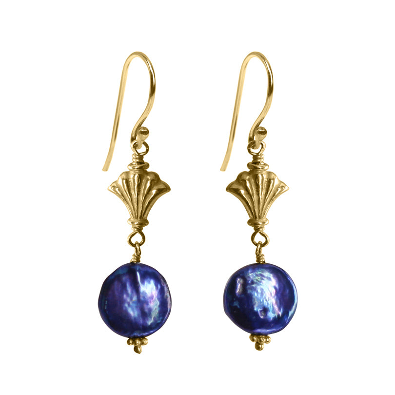 Brilliant Royal Blue Coin Pearl Gold Filled Earrings