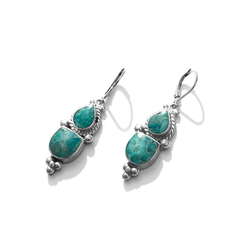 Nepal Double-Stone Himalayan Turquoise Statement Earrings