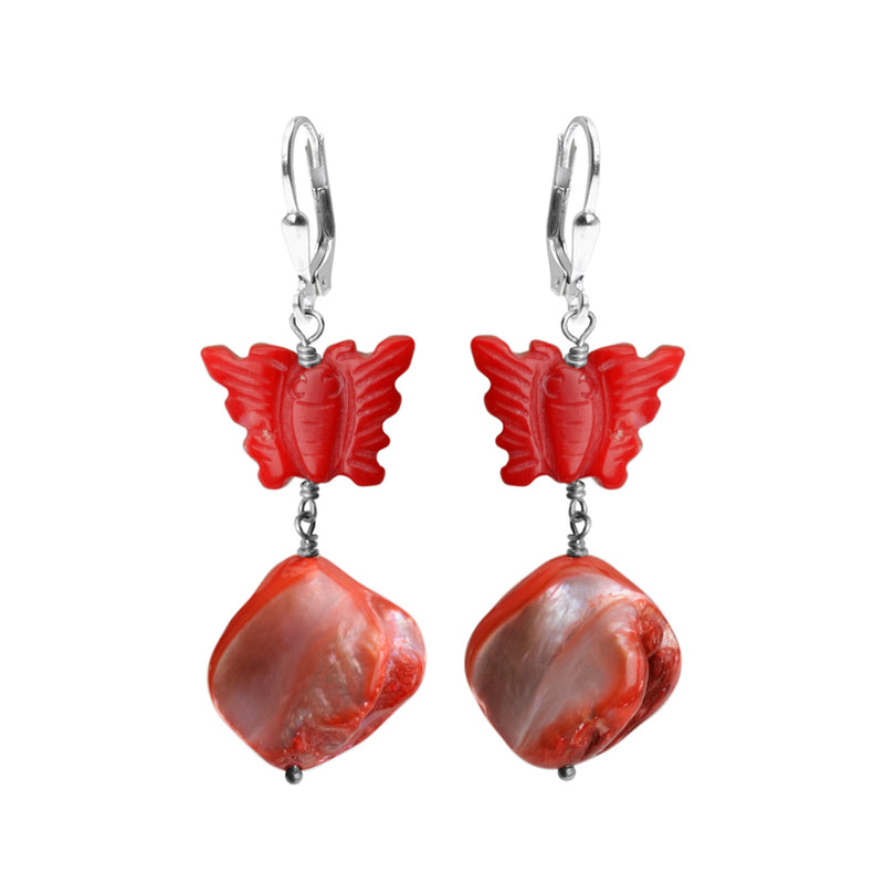 Enchanting Shell and Coral Butterfly Sterling Silver Earrings