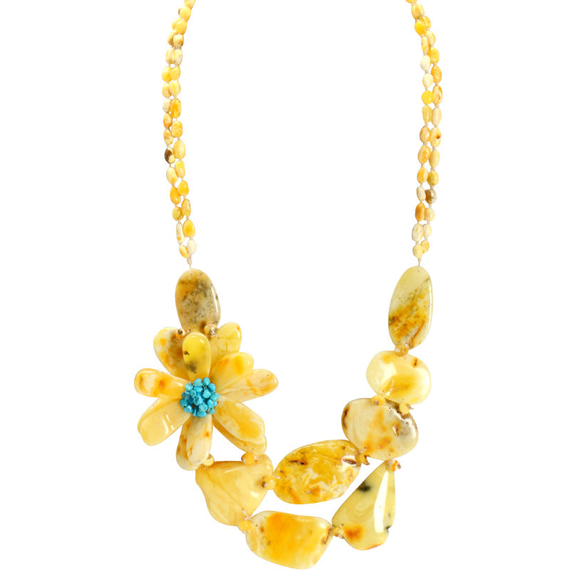 Wow! Butterscotch & White Amber and Turquoise Flower Statement Necklace