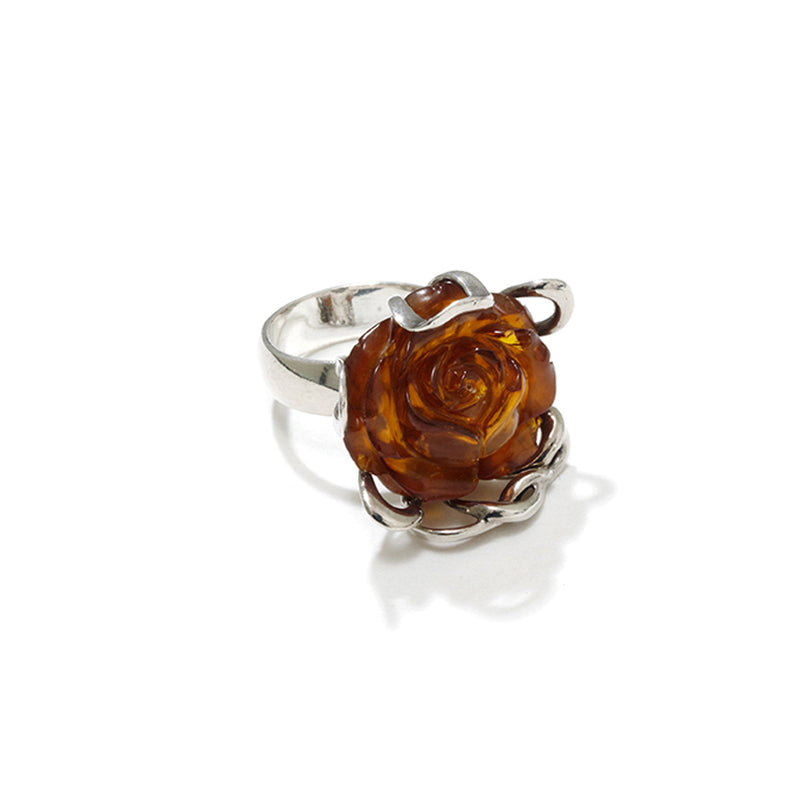 Beautiful Carved Amber Rose Sterling Silver Statement Ring