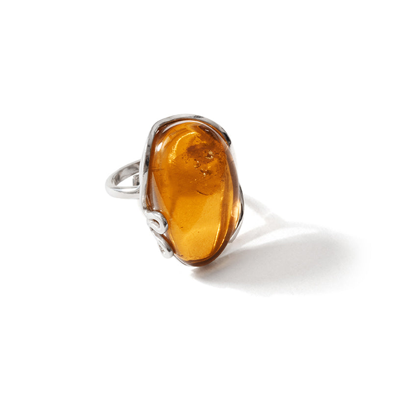 Golden Cognac Amber Sterling Silver Adjustable Statement Ring