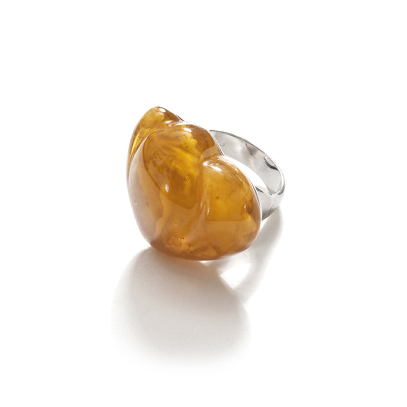 Polish Designer Magnificent Carved Butterscotch Heart Sterling Silver Statement Ring