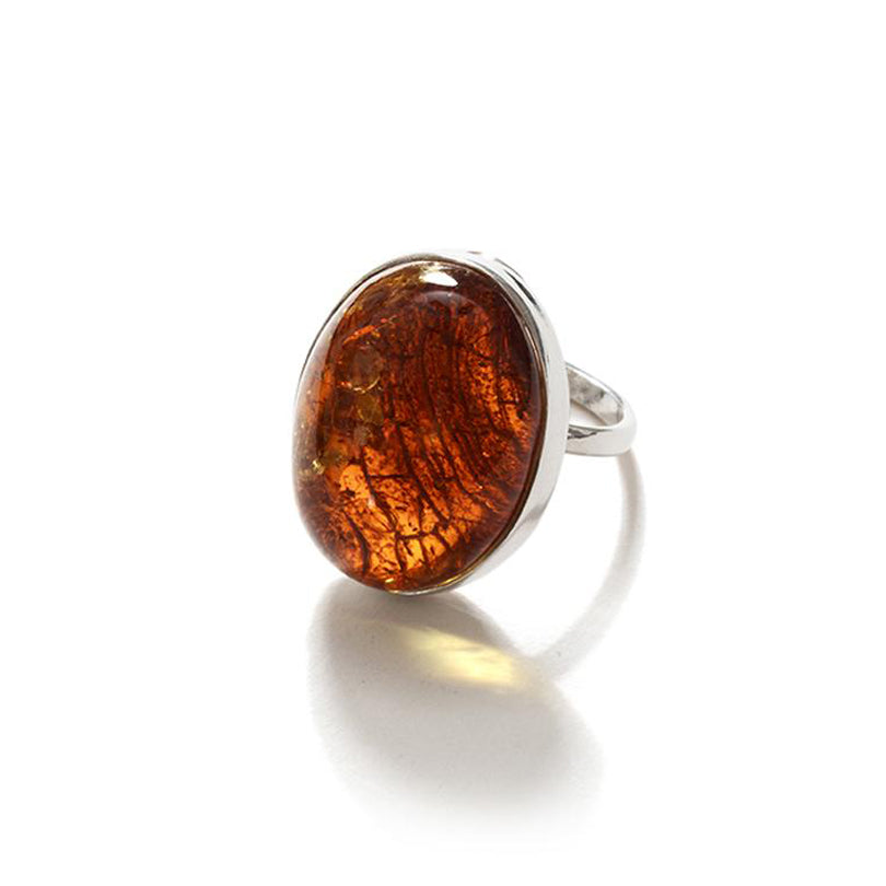 Deep Rich Cognac Baltic Amber Sterling Silver Statement Ring.
