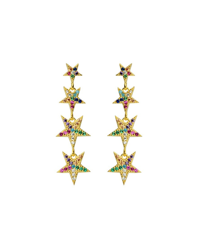 Falling Star Rainbow Pave Crystals Gold Plated Sterling Silver Earrings