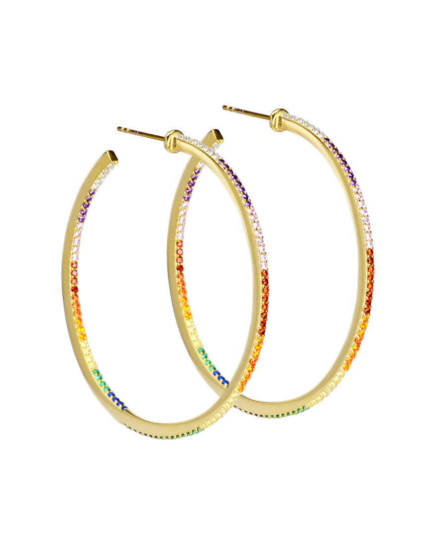 Gorgeous Rainbow Pave Crystal Gold Plated Silver Hoops-Large