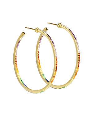 Gorgeous Rainbow Pave Crystal Gold Plated Silver Hoops-Large