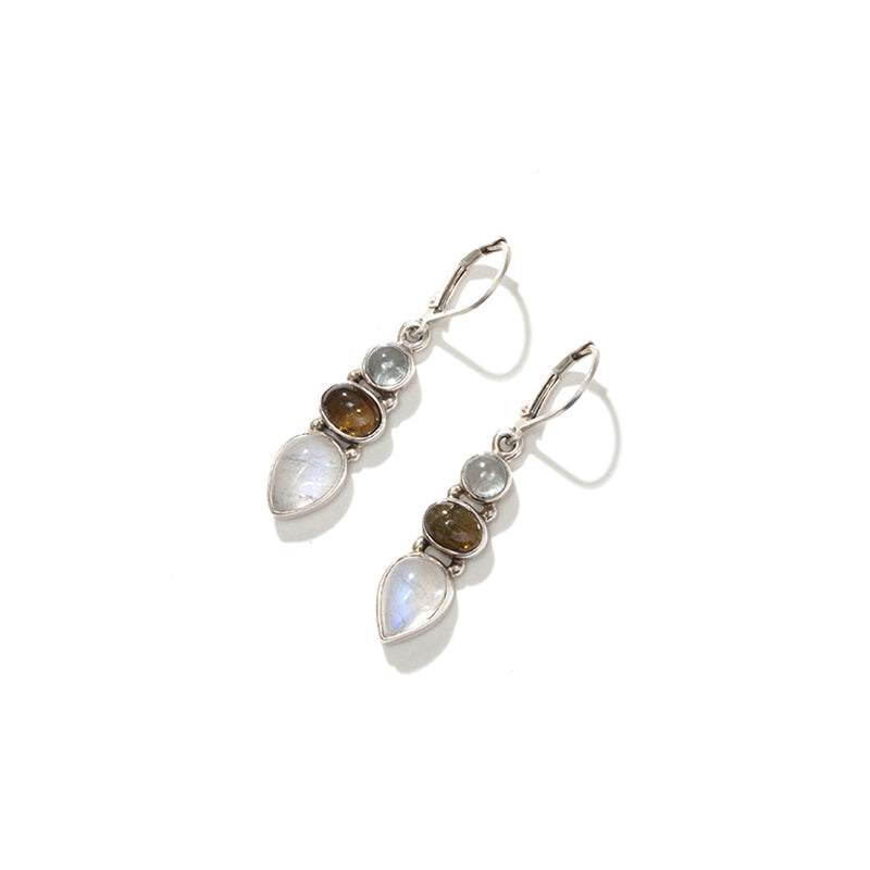 Rainbow Moonstone, Blue Topaz and Tourmaline Sterling Silver Statement Earrings