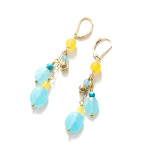 Gorgeous Blue Jade and Golden Agate Gold Filled Lever-Back Statement Earrings