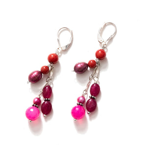 Dramatically  Colorful Red and Rose Stone Sterling Silver Statement Earrings