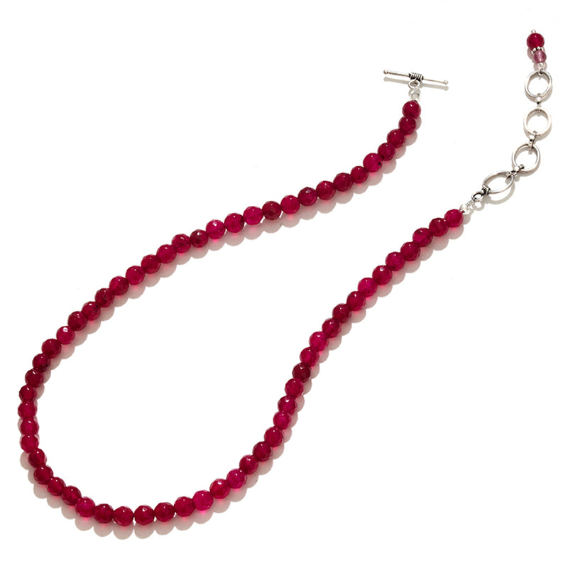 Gorgeous Ruby Red Faceted Jade Sterling Silver Single Strand Beaded Necklace