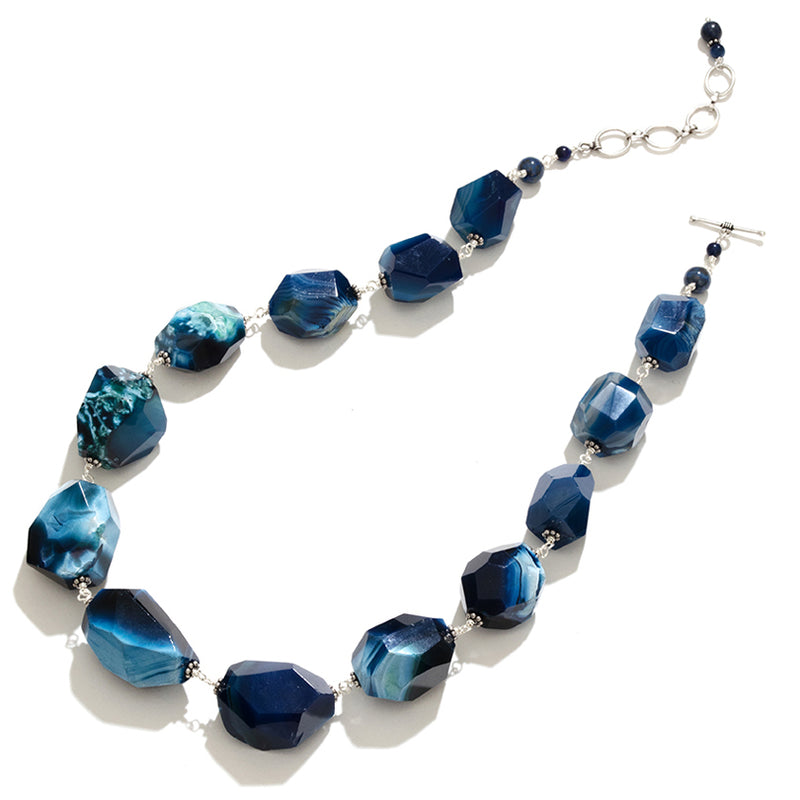 Magnificent Bold Chunky River Blue Agate Nuggets Sterling Silver Toggle Statement Necklace