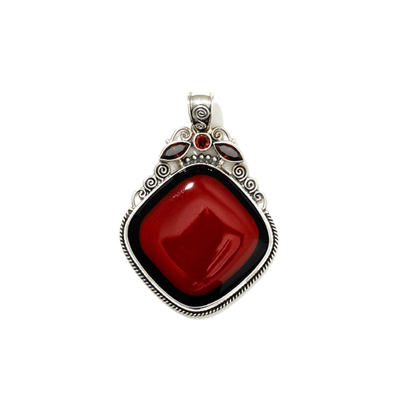 Gorgeous Balinese Black Rim Coral and Garnet Sterling Silver Statement Pendant