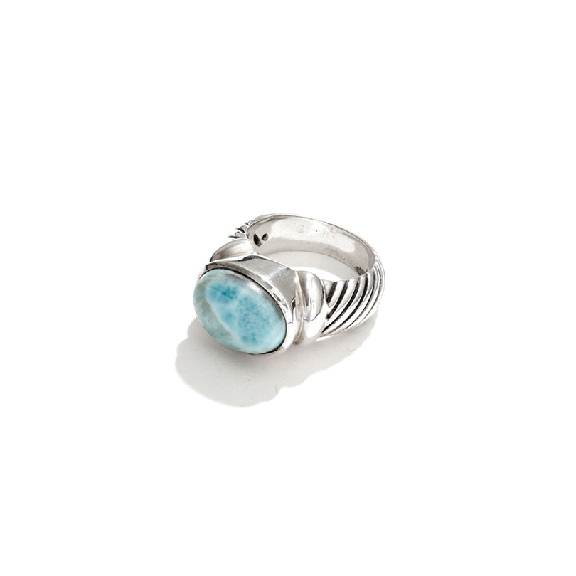 Beautiful Chunky Larimar Ribbed Design Sterling Silver Ring