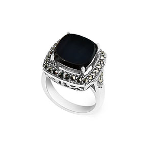 Stunning Black Onyx and Marcasite Sterling Silver Statement Ring