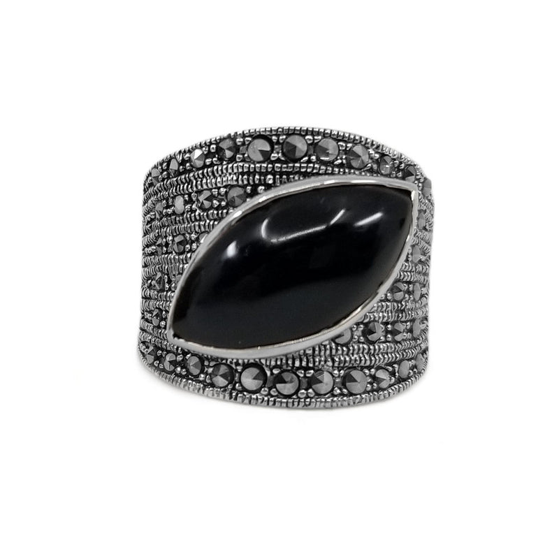 Stunning Marcasite and MOP & Onyx Sterling Silver Band Statement Ring