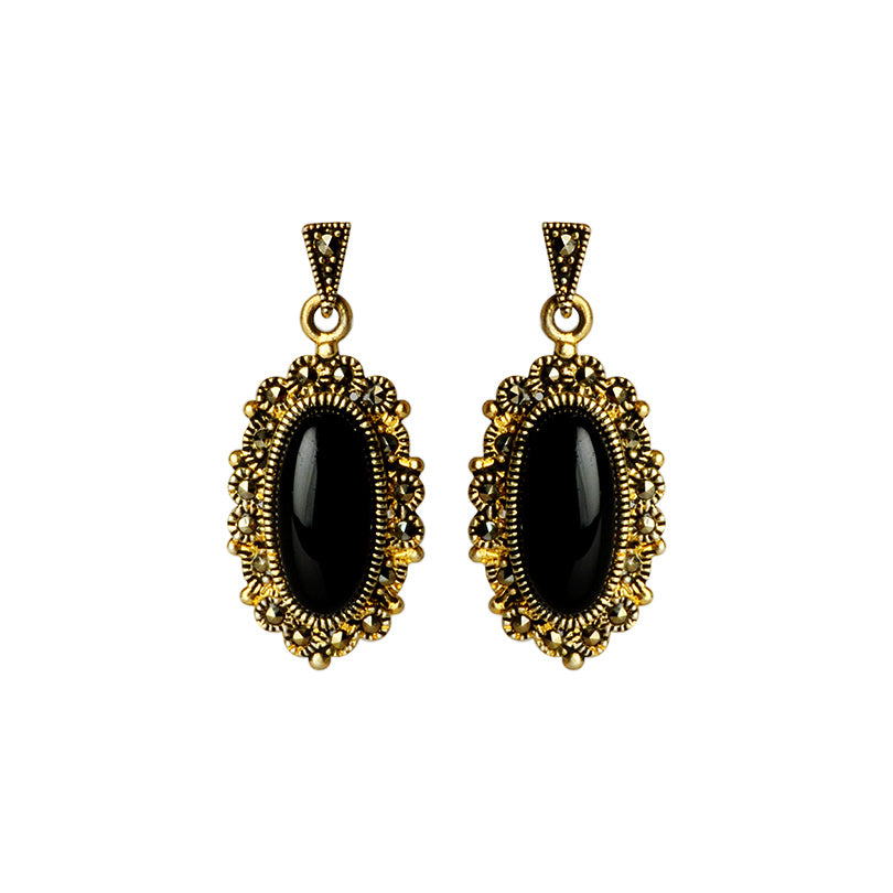 Gorgeous Black Onyx Marcasite 14kt Gold Plated Earrings