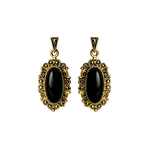 Gorgeous Black Onyx Marcasite 14kt Gold Plated Earrings