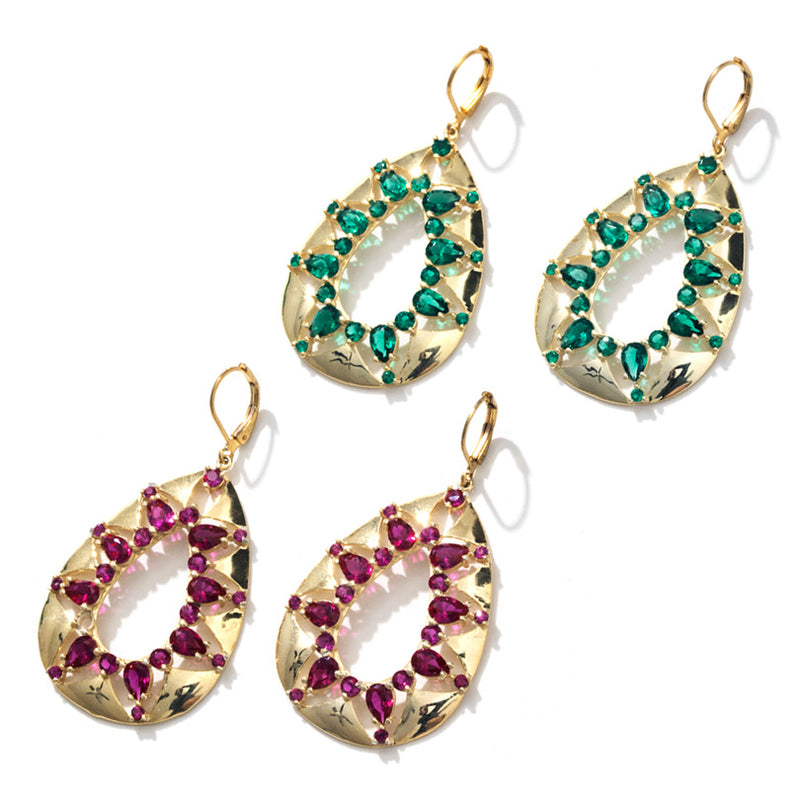 Glamorous Emerald CZ & Ruby CZ Gold Plated Statement Earrings