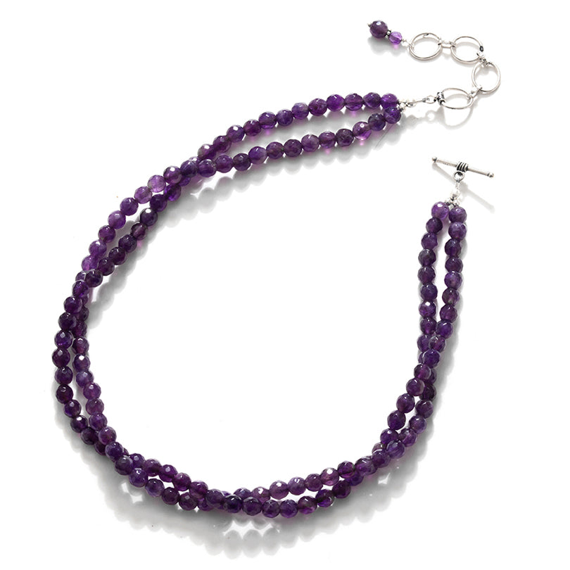 Royal Purple Double Strand Amethyst Sterling Silver Beaded Necklace