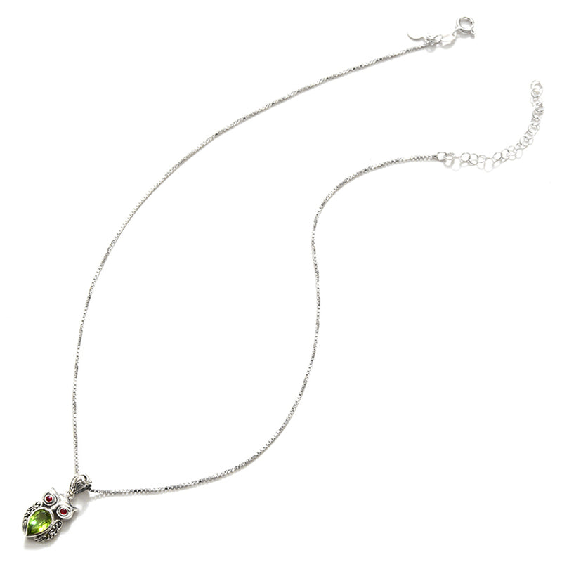 Adorable Peridot Owl Sterling Silver Necklace