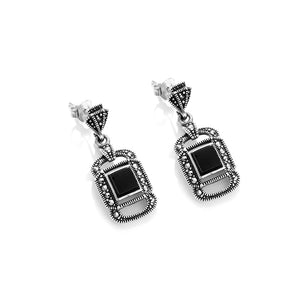 Elegant Black Onyx Sterling Silver Marcasite Statement Earrings