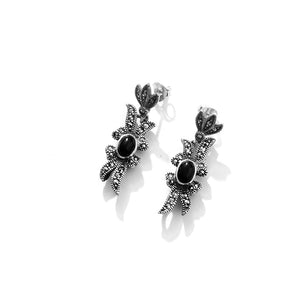 Black Onyx Ribbon Marcasite Sterling Silver Statement Earrings